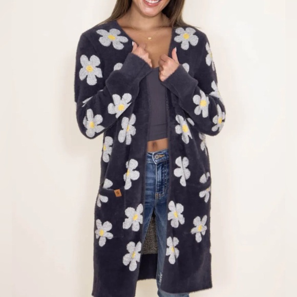 Simply Southern Sweaters - Simply Southern | NWOT fuzzy dusty blue, daisies long cardigan, size L